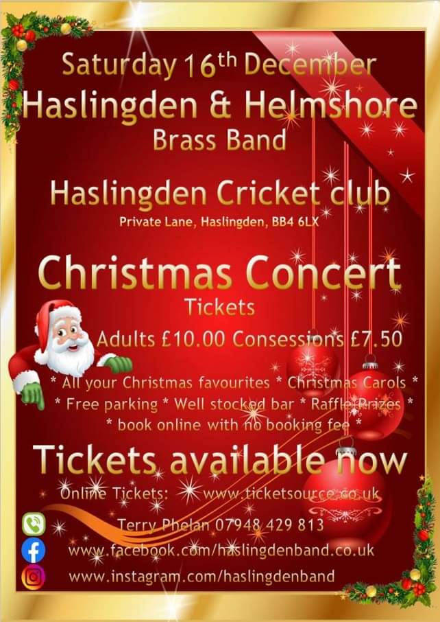 Haslingden & Helmshore Brass Band Christmas Concert - Saturday 16th December from 8pm